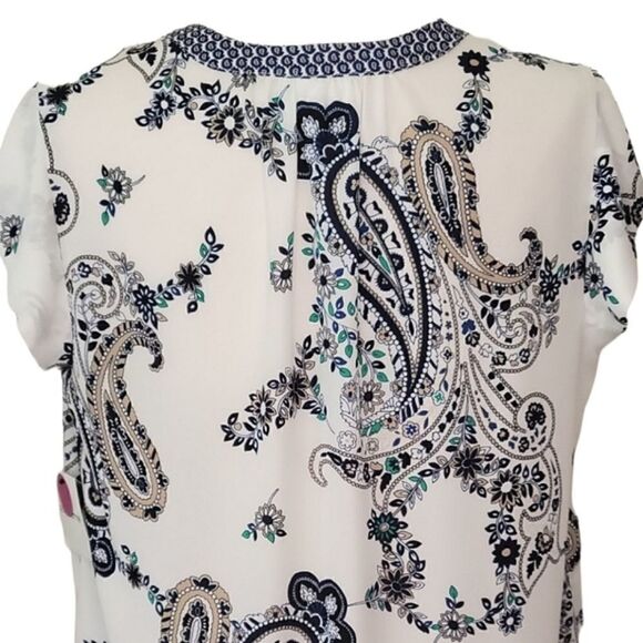 Liz Claiborne Blue Floral & Paisley Patterned V-neck Cap Sleeve Chiffon Blouse - Picture 5 of 9